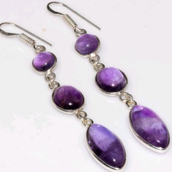 Handmade Jewelry - Amethyst Gemstone 925 Sterling Silver Handmade Drop Dangle Earrings